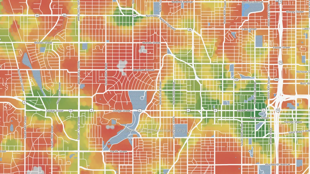 Walk Grade map of 68132, NE, walkable areas in green and car-dependent areas in red