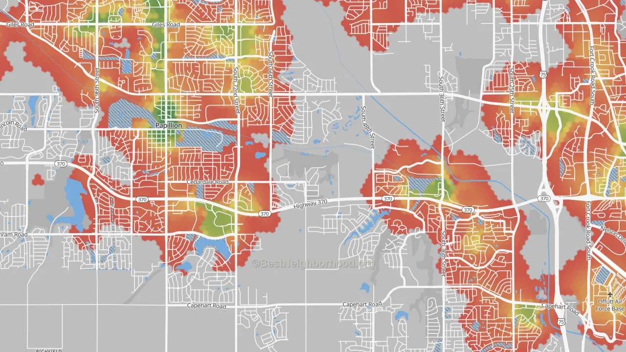 Walk Grade map of 68133, NE, walkable areas in green and car-dependent areas in red