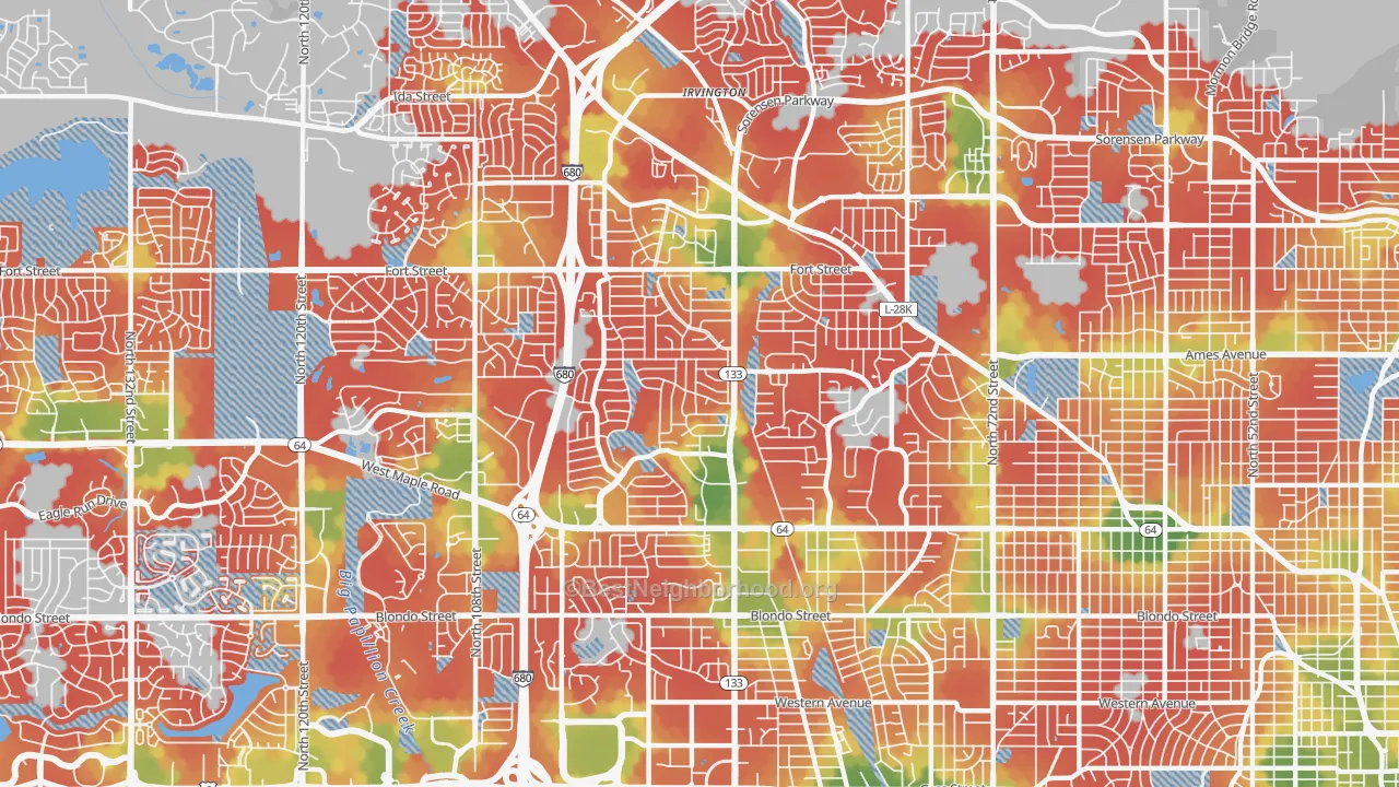 Walk Grade map of 68134, NE, walkable areas in green and car-dependent areas in red