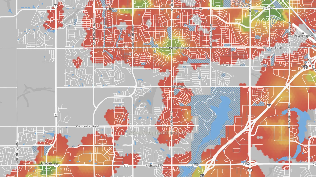 Walk Grade map of 68136, NE, walkable areas in green and car-dependent areas in red