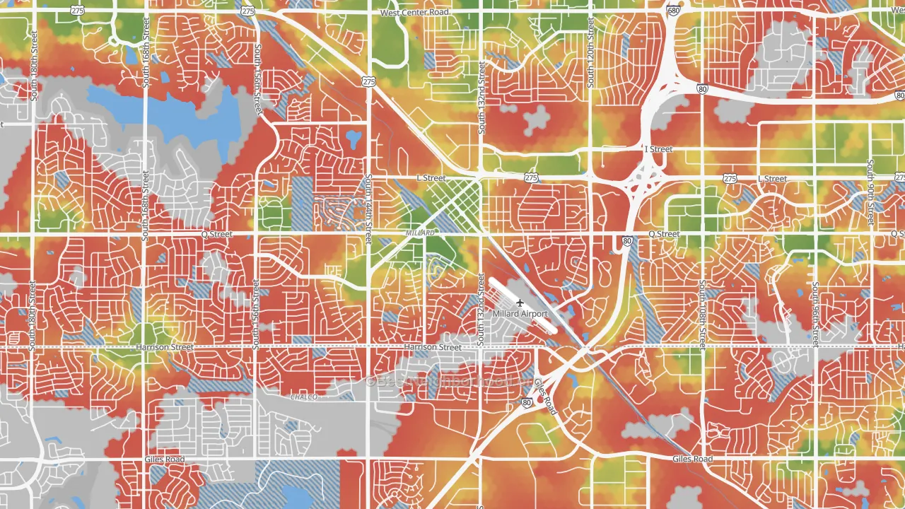 Walk Grade map of 68137, NE, walkable areas in green and car-dependent areas in red