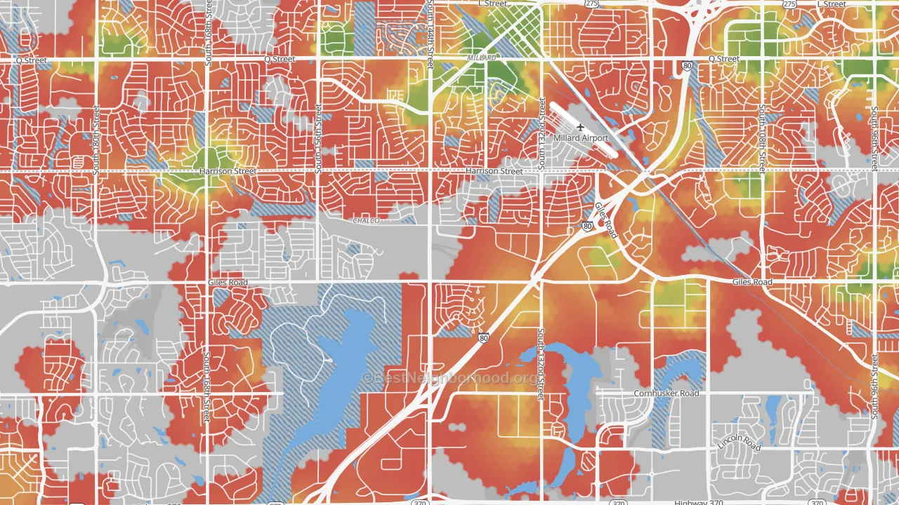 Walk Grade map of 68138, NE, walkable areas in green and car-dependent areas in red