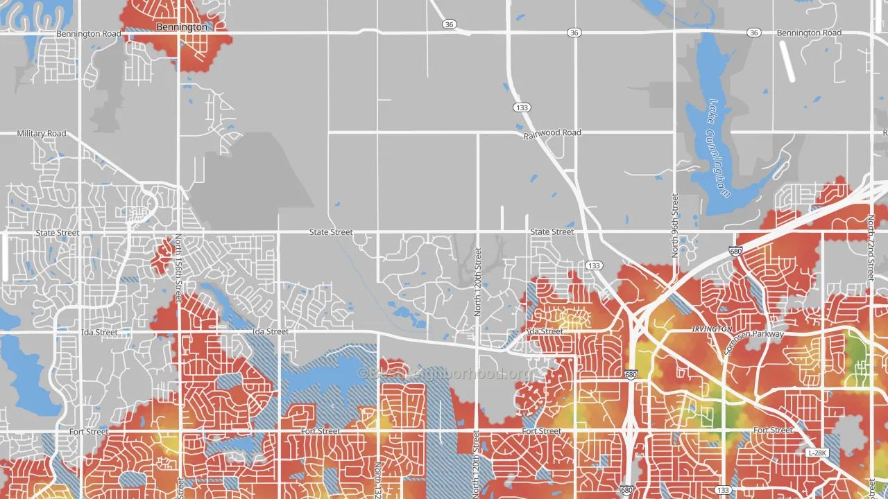 Walk Grade map of 68142, NE, walkable areas in green and car-dependent areas in red