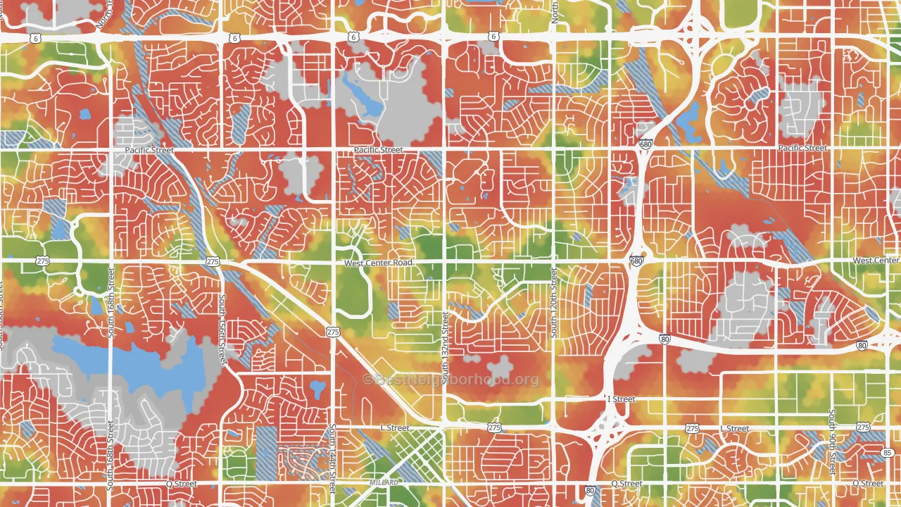 Walk Grade map of 68144, NE, walkable areas in green and car-dependent areas in red