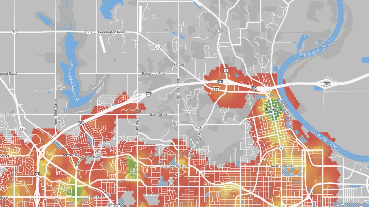 Walk Grade map of 68152, NE, walkable areas in green and car-dependent areas in red