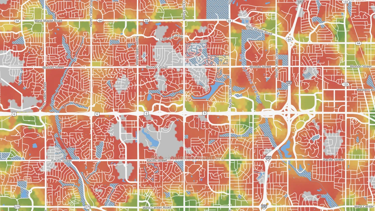 Walk Grade map of 68154, NE, walkable areas in green and car-dependent areas in red