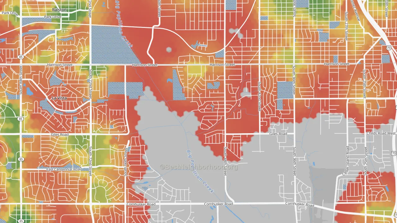 Walk Grade map of 68157, NE, walkable areas in green and car-dependent areas in red