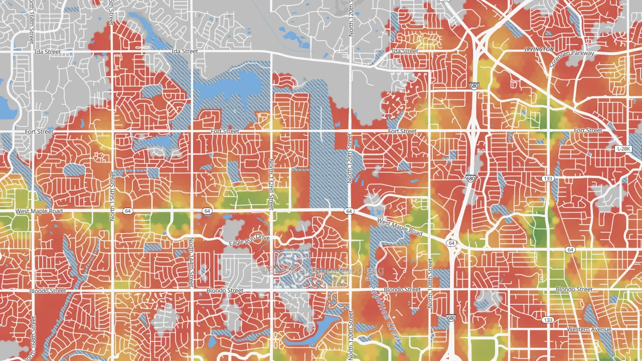 Walk Grade map of 68164, NE, walkable areas in green and car-dependent areas in red