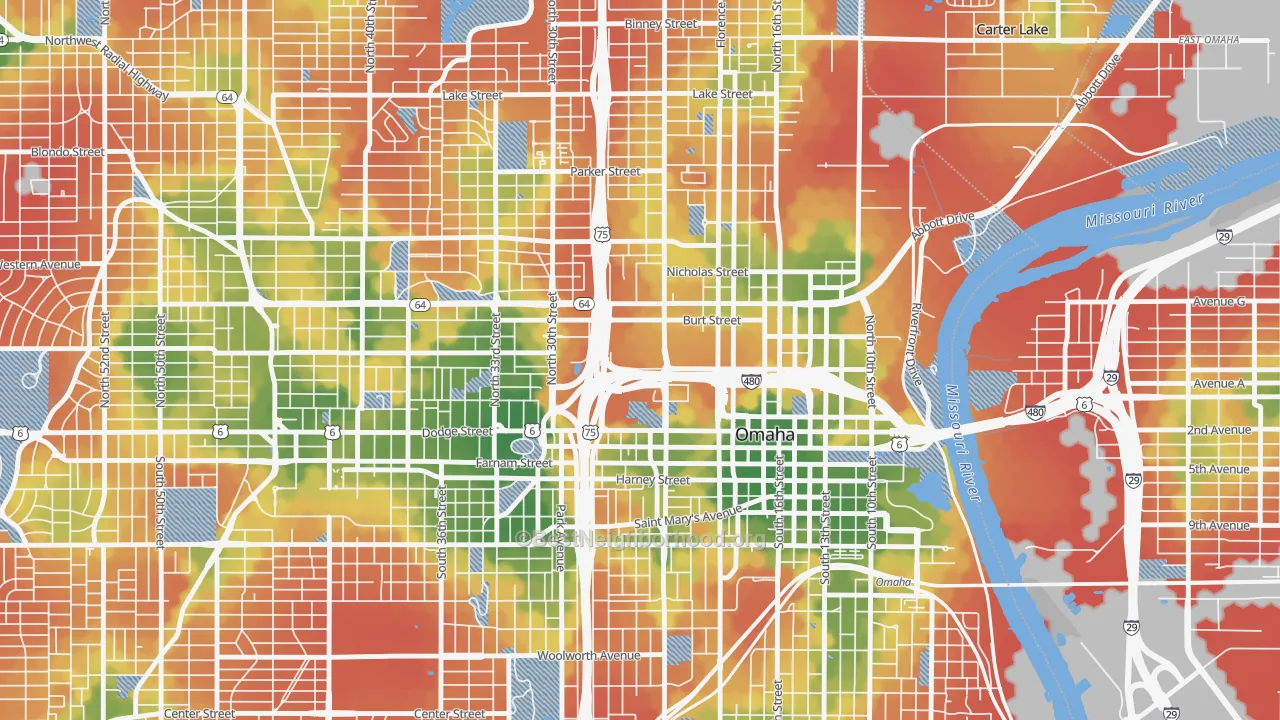Walk Grade map of 68178, NE, walkable areas in green and car-dependent areas in red