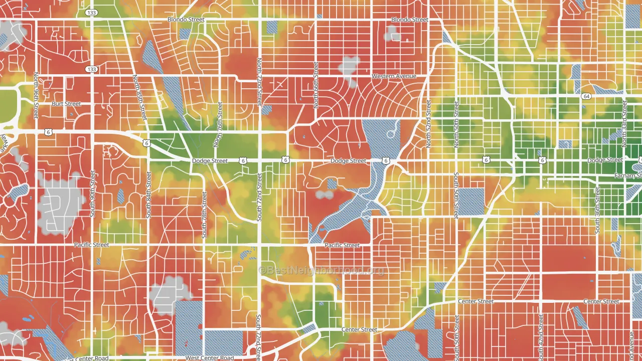 Walk Grade map of 68182, NE, walkable areas in green and car-dependent areas in red