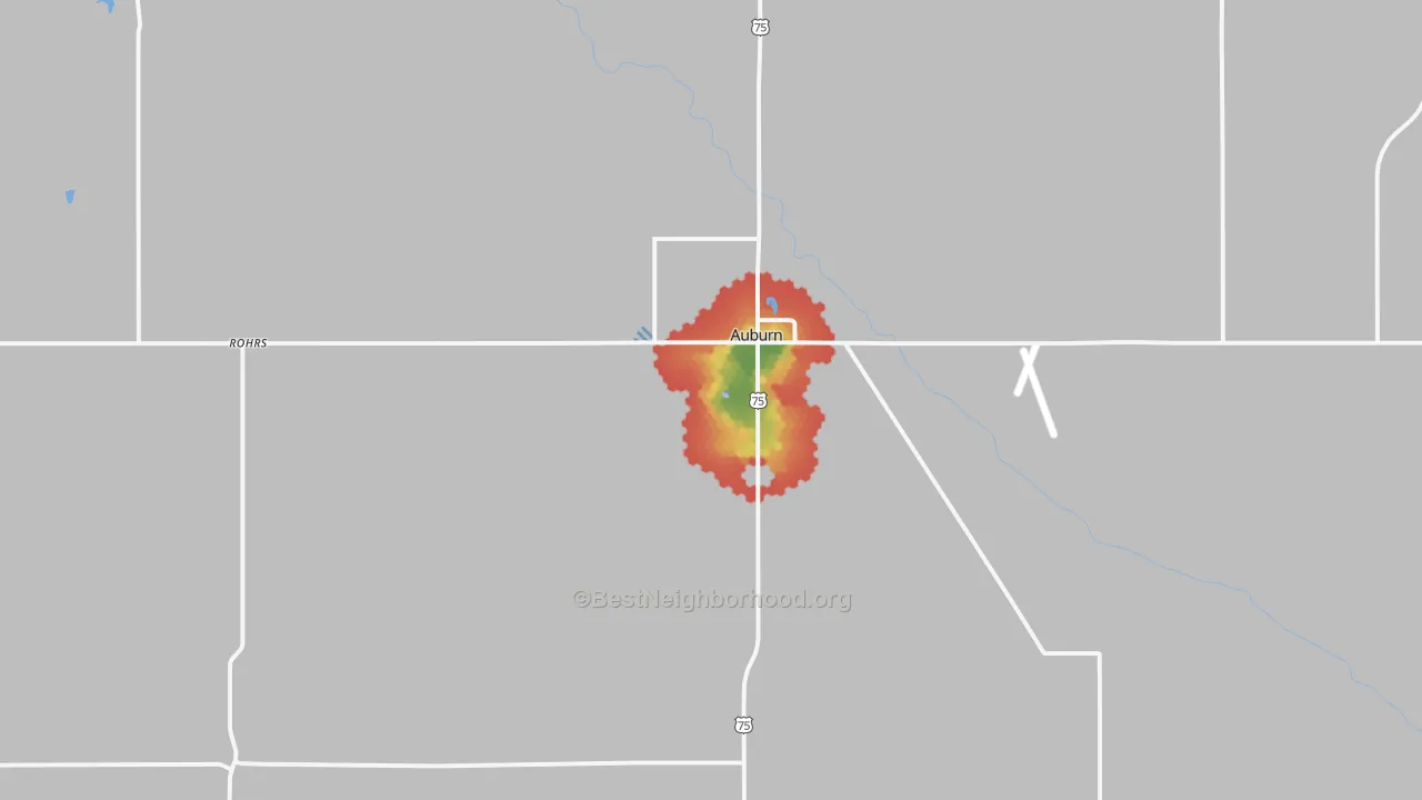 Walk Grade map of 68305, NE, walkable areas in green and car-dependent areas in red