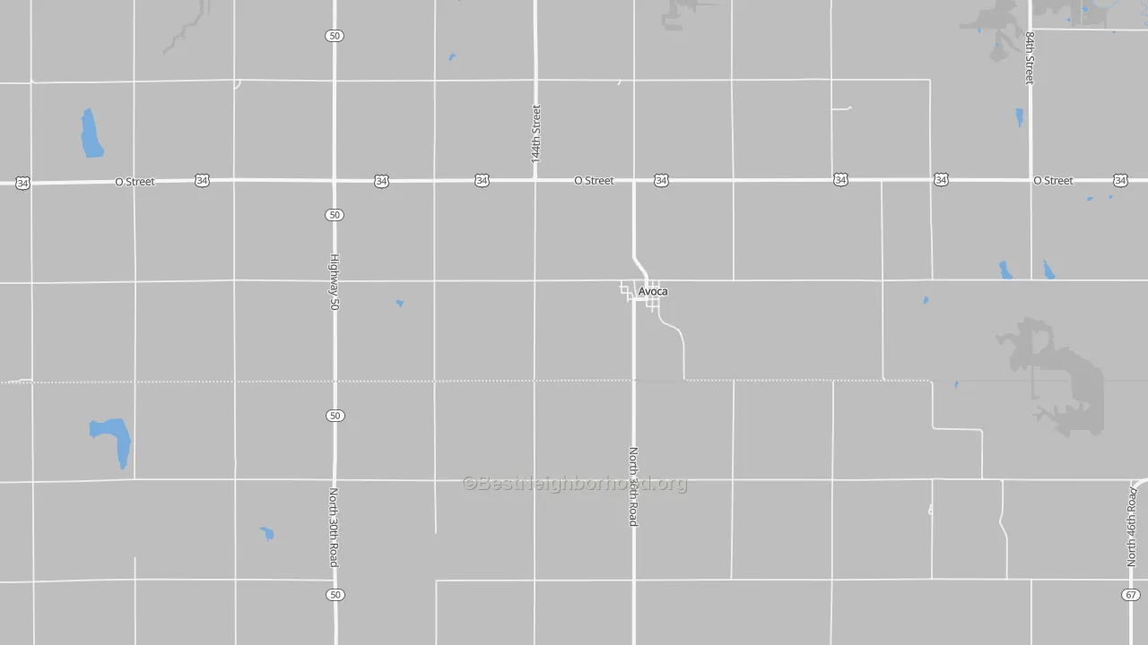 Walk Grade map of 68307, NE, walkable areas in green and car-dependent areas in red