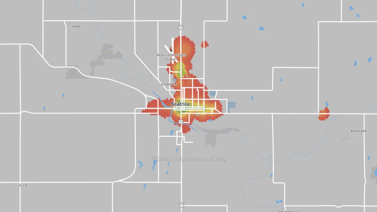 Walk Grade map of 68310, NE, walkable areas in green and car-dependent areas in red