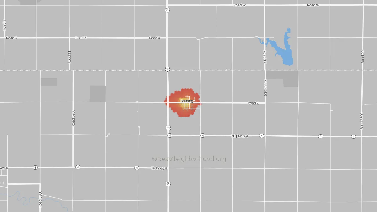 Walk Grade map of 68322, NE, walkable areas in green and car-dependent areas in red