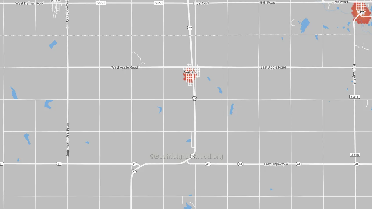 Walk Grade map of 68331, NE, walkable areas in green and car-dependent areas in red