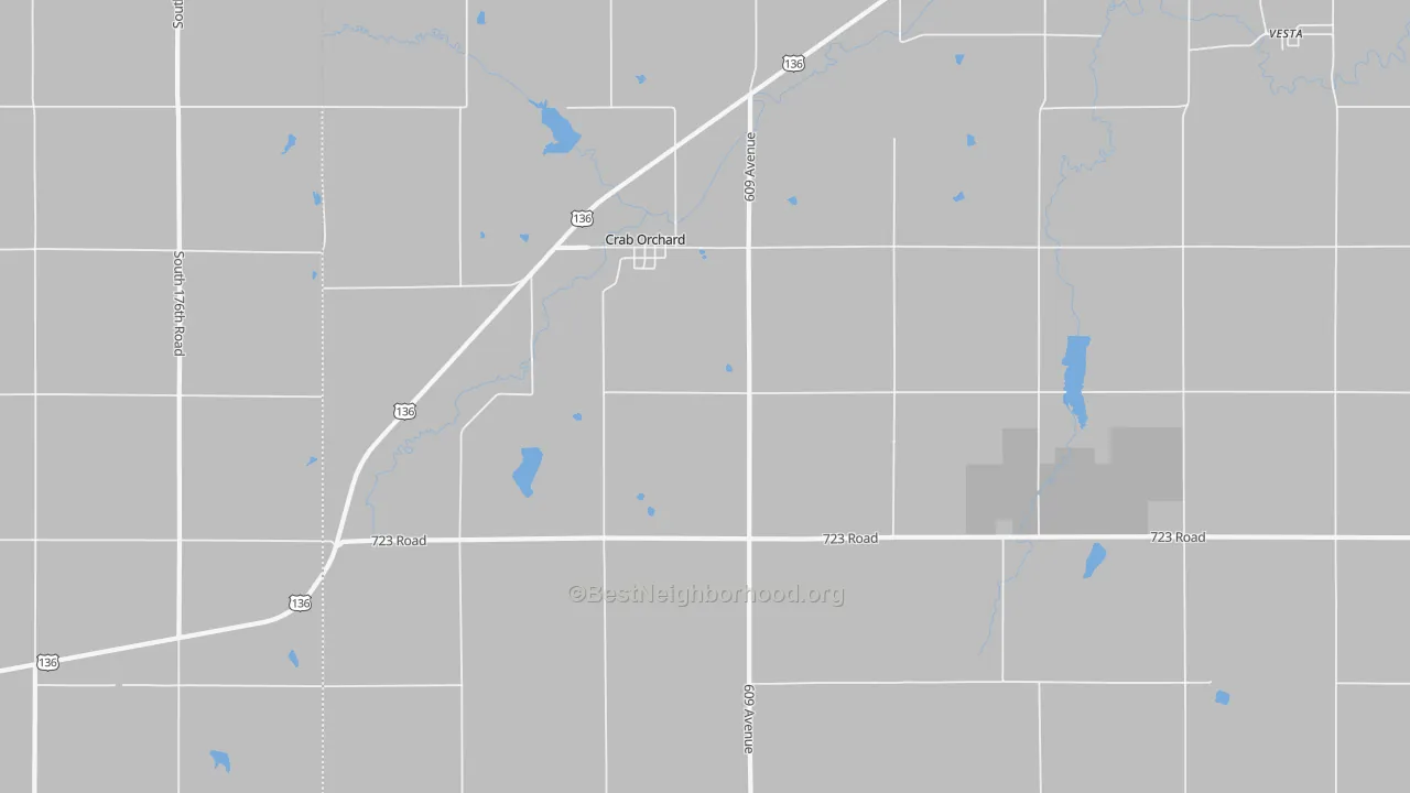 Walk Grade map of 68332, NE, walkable areas in green and car-dependent areas in red