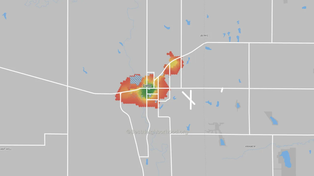 Walk Grade map of 68333, NE, walkable areas in green and car-dependent areas in red