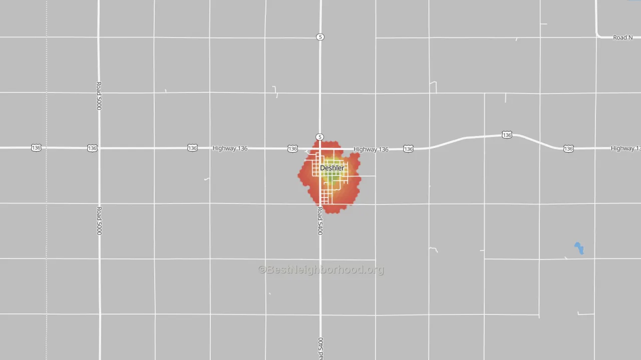 Walk Grade map of 68340, NE, walkable areas in green and car-dependent areas in red