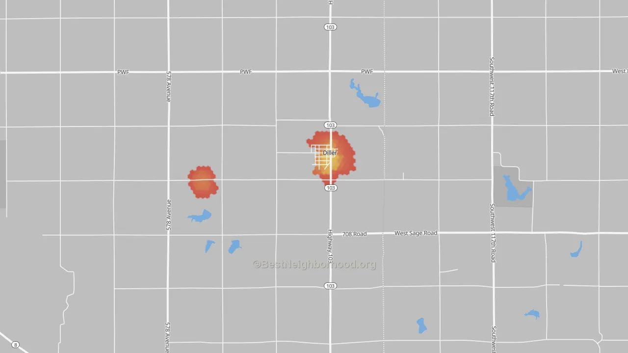 Walk Grade map of 68342, NE, walkable areas in green and car-dependent areas in red