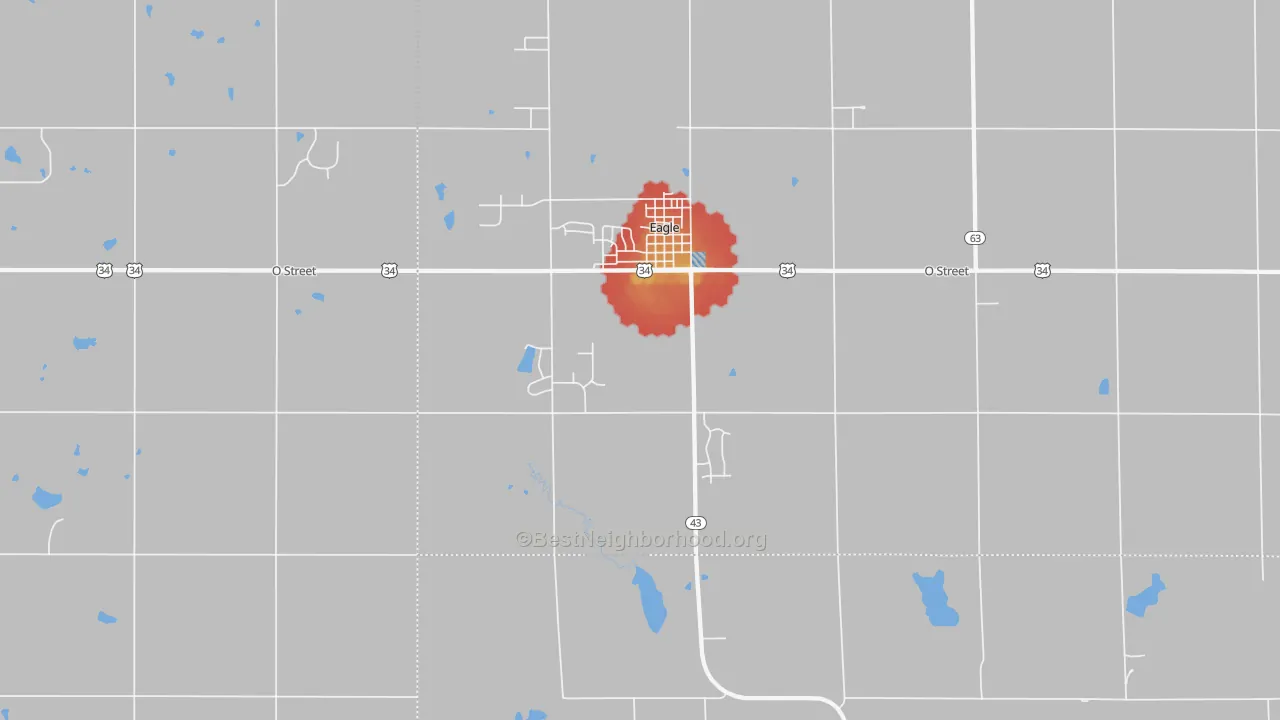 Walk Grade map of 68347, NE, walkable areas in green and car-dependent areas in red