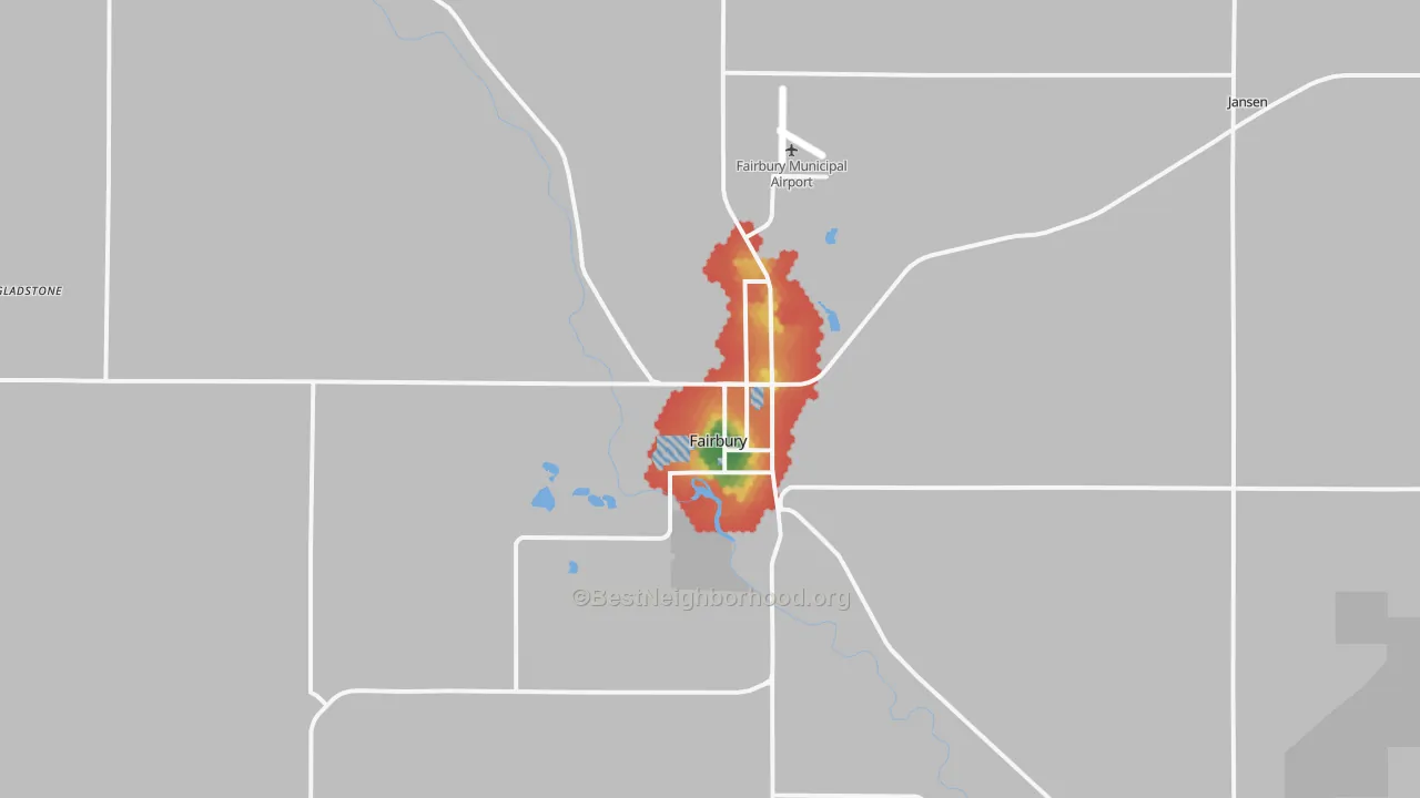 Walk Grade map of 68352, NE, walkable areas in green and car-dependent areas in red