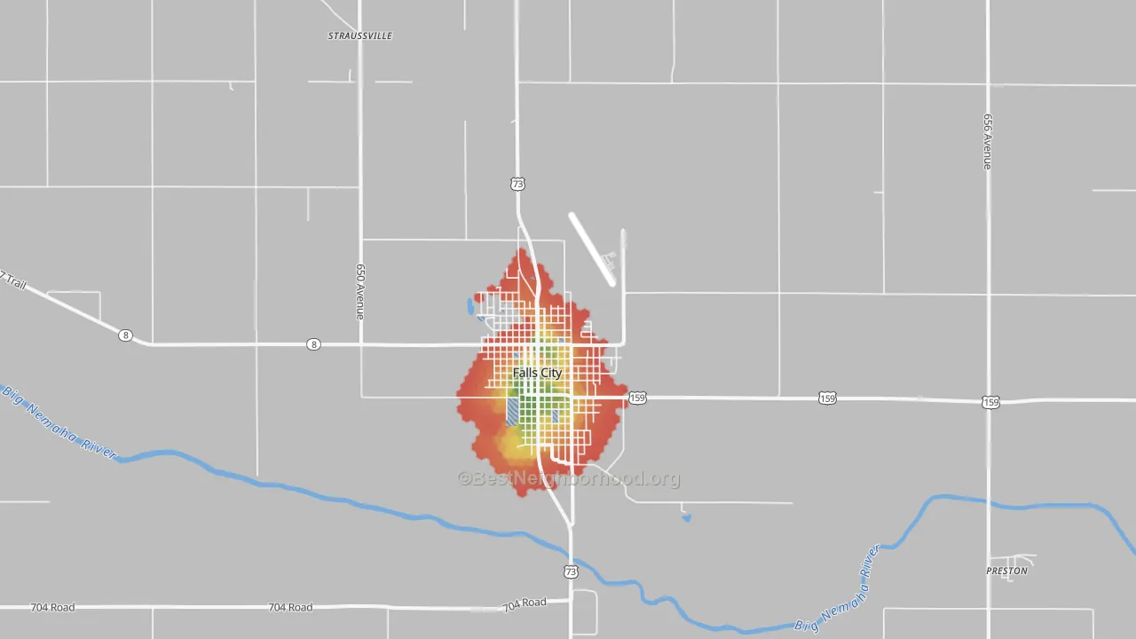 Walk Grade map of 68355, NE, walkable areas in green and car-dependent areas in red