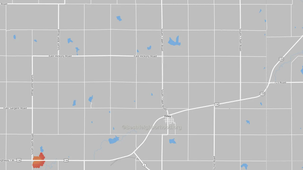 Walk Grade map of 68357, NE, walkable areas in green and car-dependent areas in red