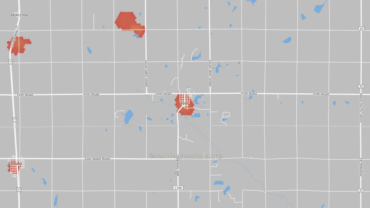 Walk Grade map of 68358, NE, walkable areas in green and car-dependent areas in red