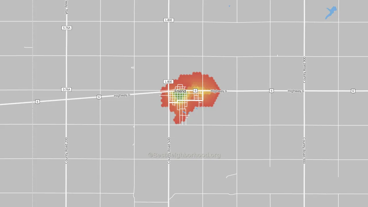 Walk Grade map of 68359, NE, walkable areas in green and car-dependent areas in red