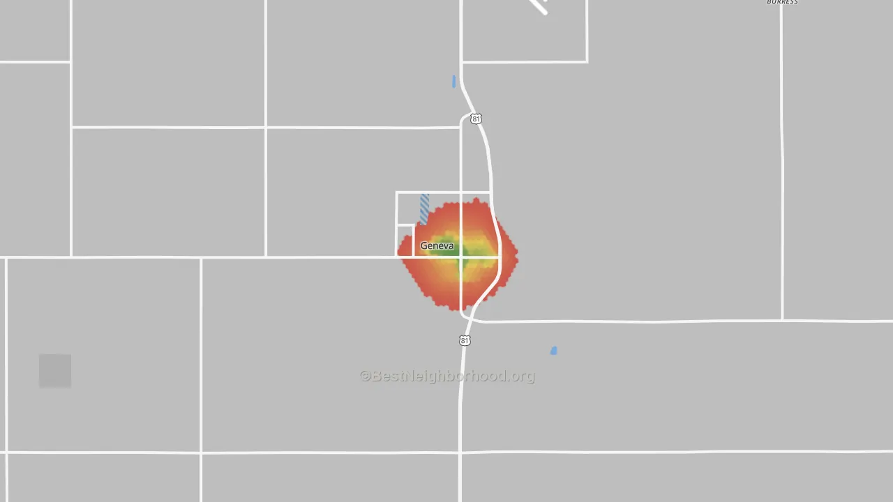 Walk Grade map of 68361, NE, walkable areas in green and car-dependent areas in red
