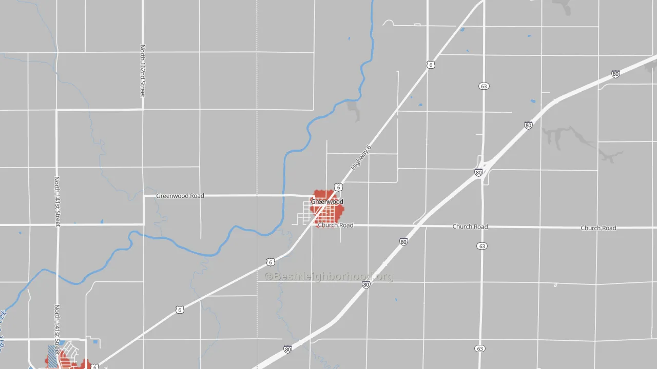 Walk Grade map of 68366, NE, walkable areas in green and car-dependent areas in red