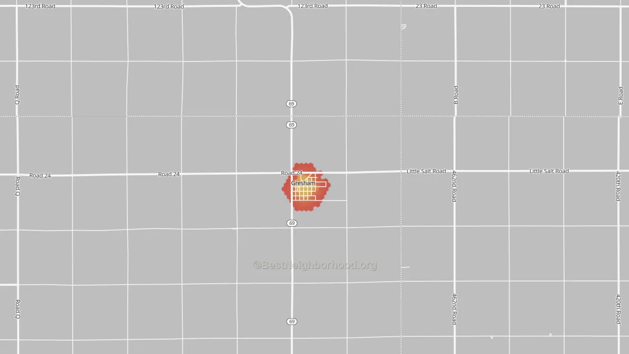 Walk Grade map of 68367, NE, walkable areas in green and car-dependent areas in red