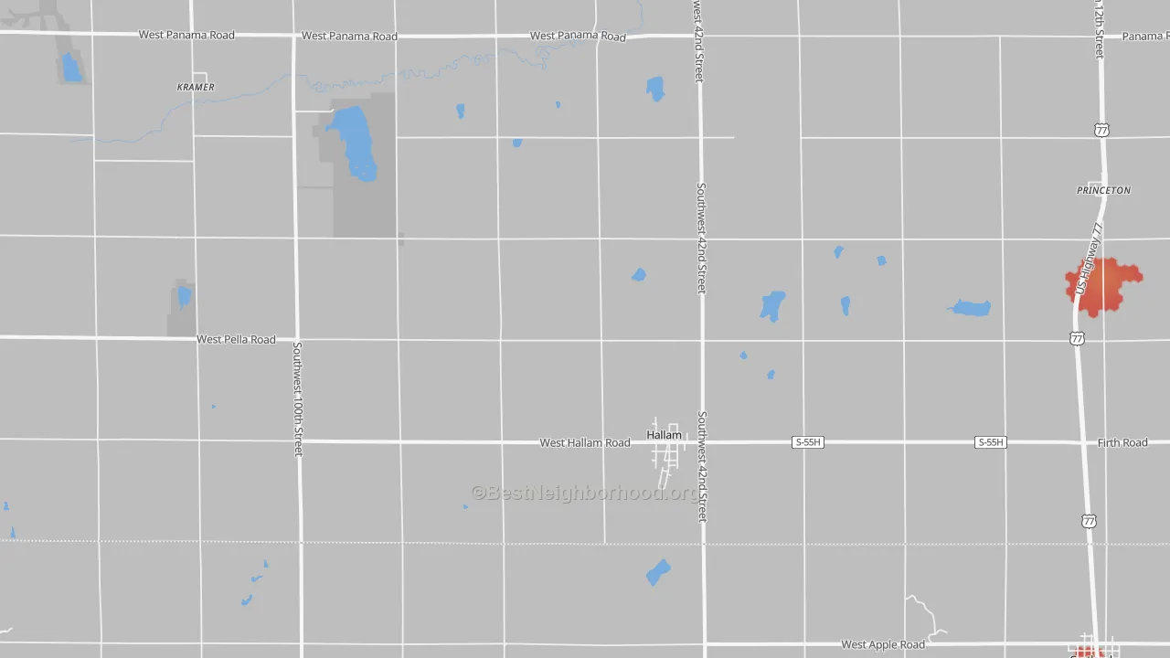 Walk Grade map of 68368, NE, walkable areas in green and car-dependent areas in red