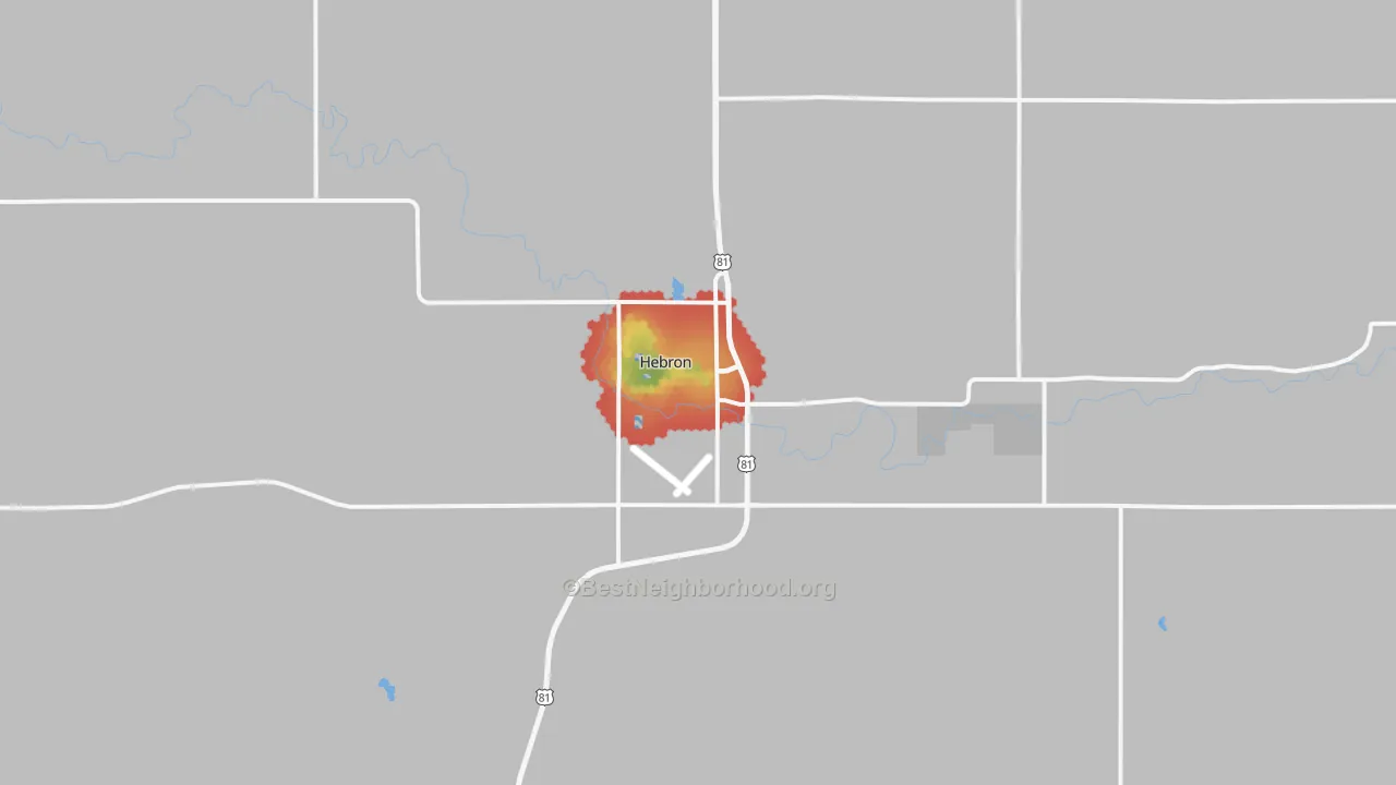 Walk Grade map of 68370, NE, walkable areas in green and car-dependent areas in red