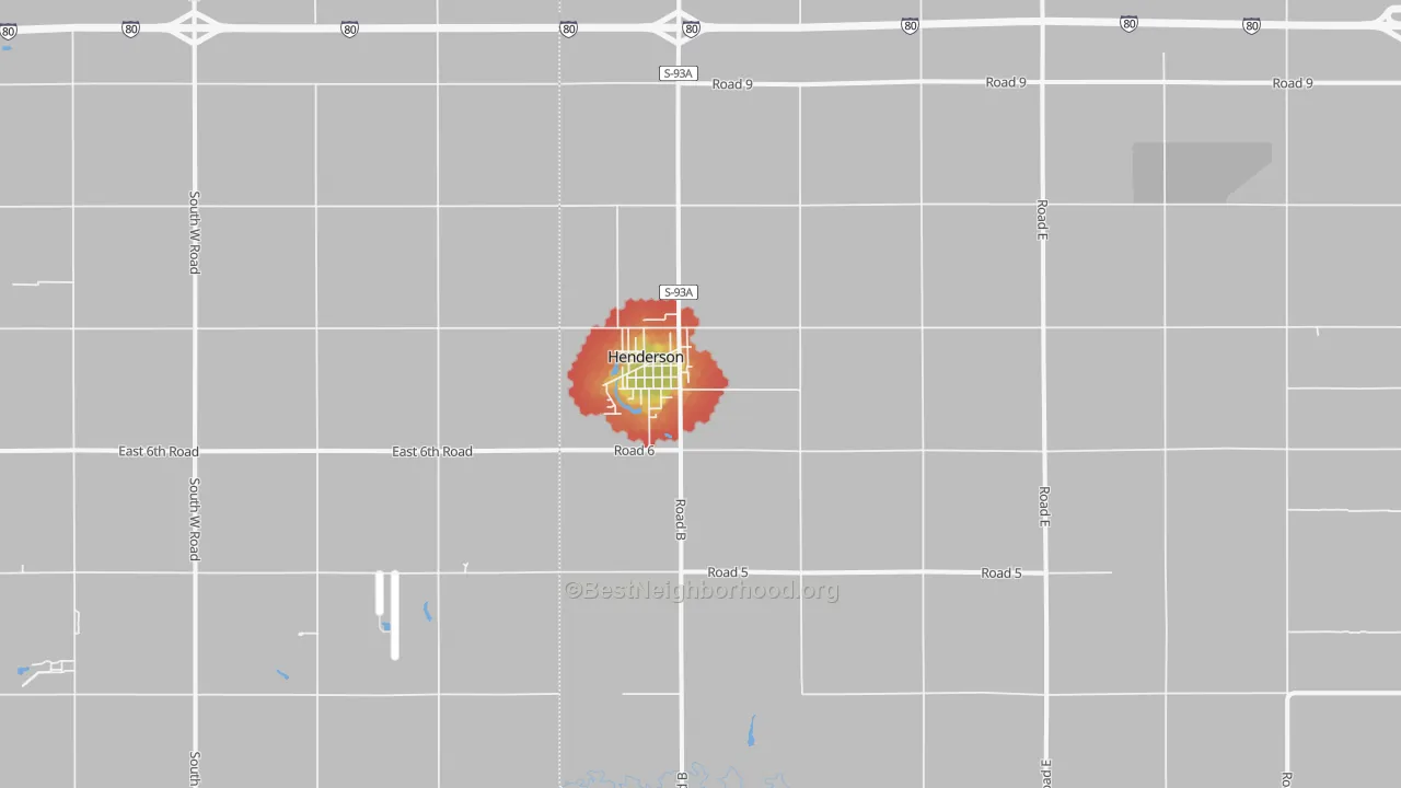 Walk Grade map of 68371, NE, walkable areas in green and car-dependent areas in red