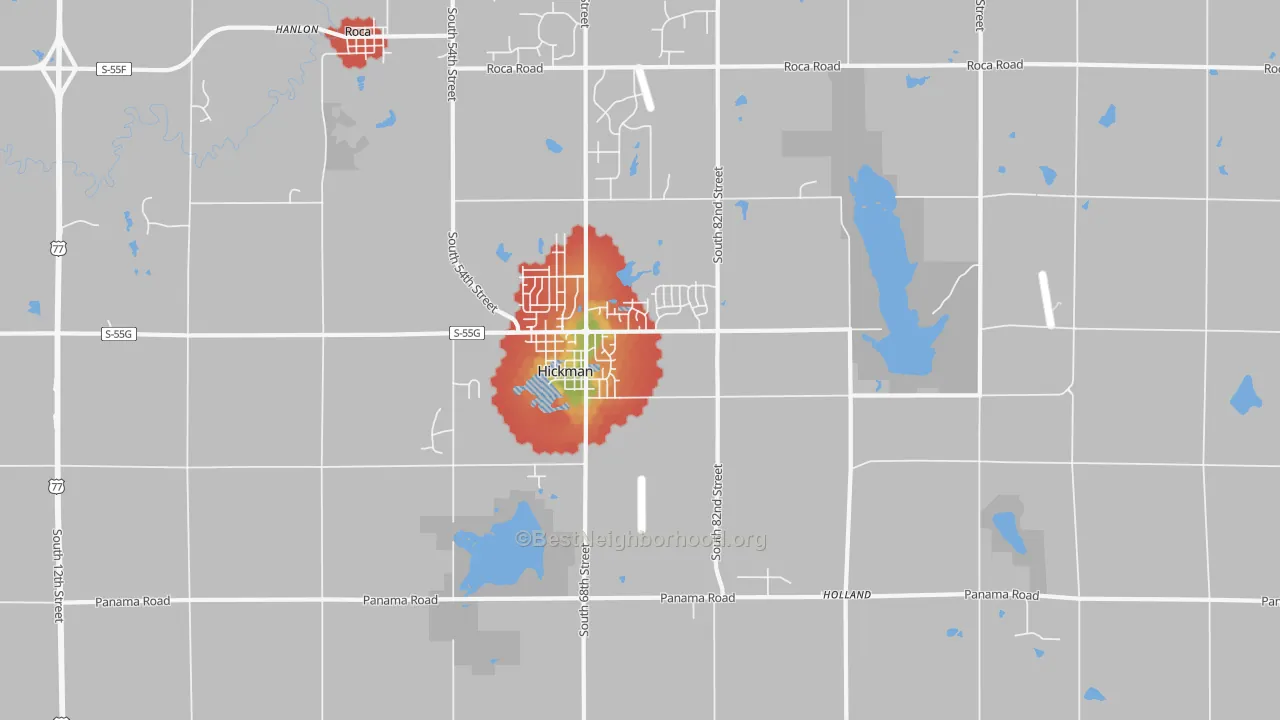 Walk Grade map of 68372, NE, walkable areas in green and car-dependent areas in red