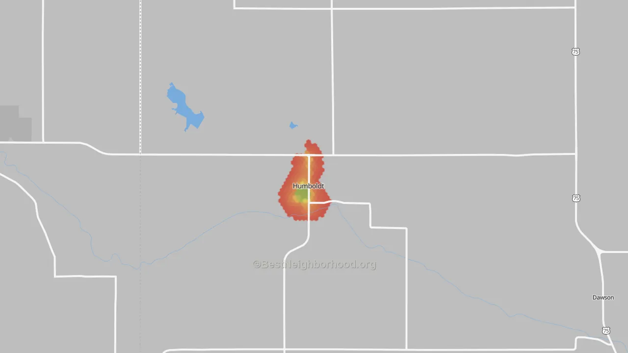 Walk Grade map of 68376, NE, walkable areas in green and car-dependent areas in red