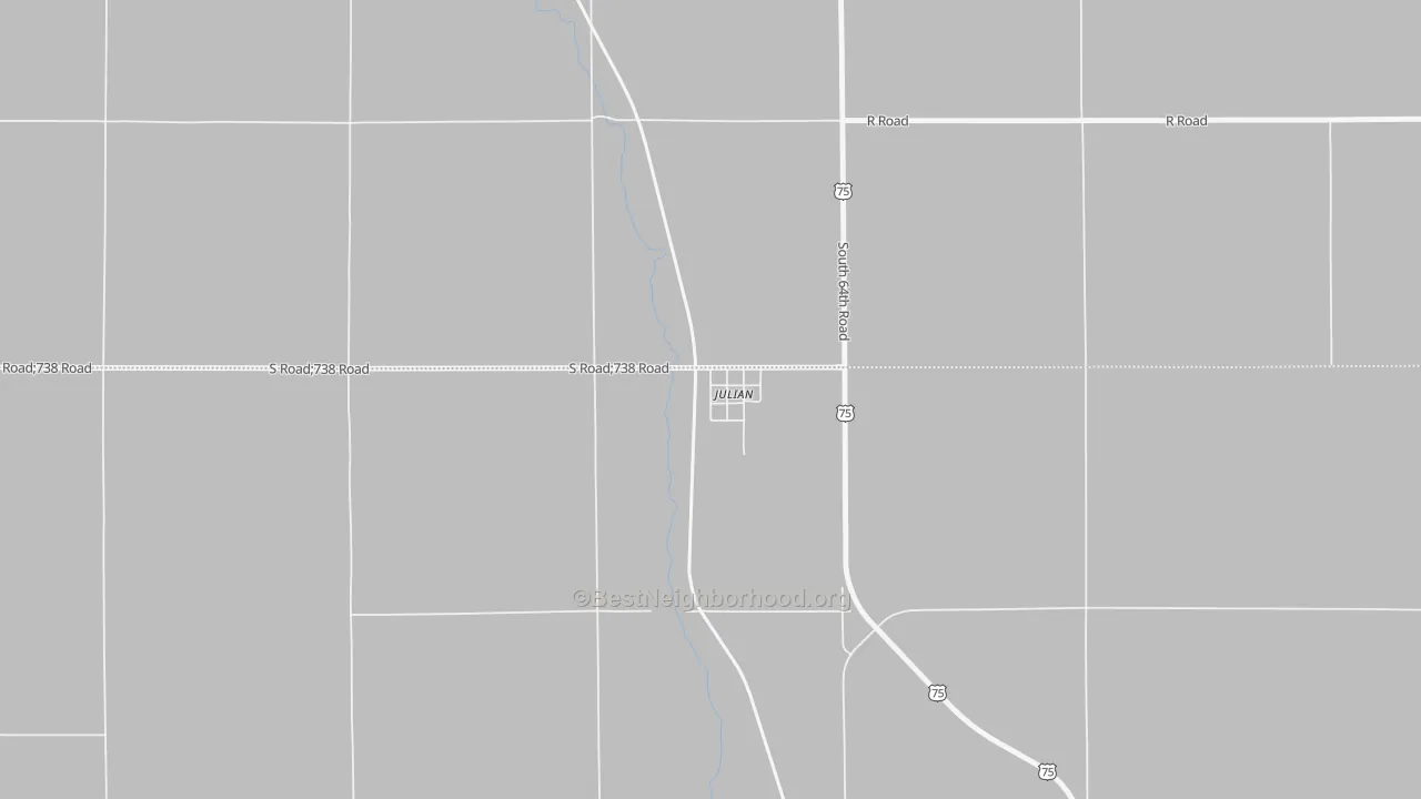 Walk Grade map of 68379, NE, walkable areas in green and car-dependent areas in red