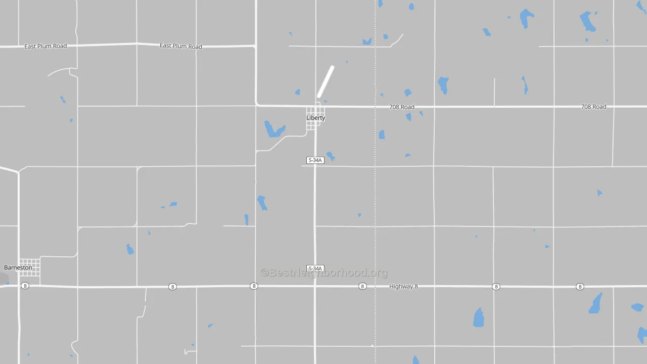 Walk Grade map of 68381, NE, walkable areas in green and car-dependent areas in red