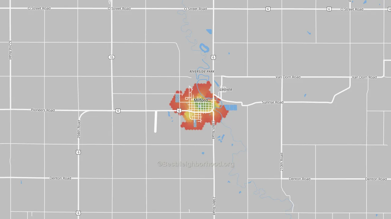 Walk Grade map of 68405, NE, walkable areas in green and car-dependent areas in red