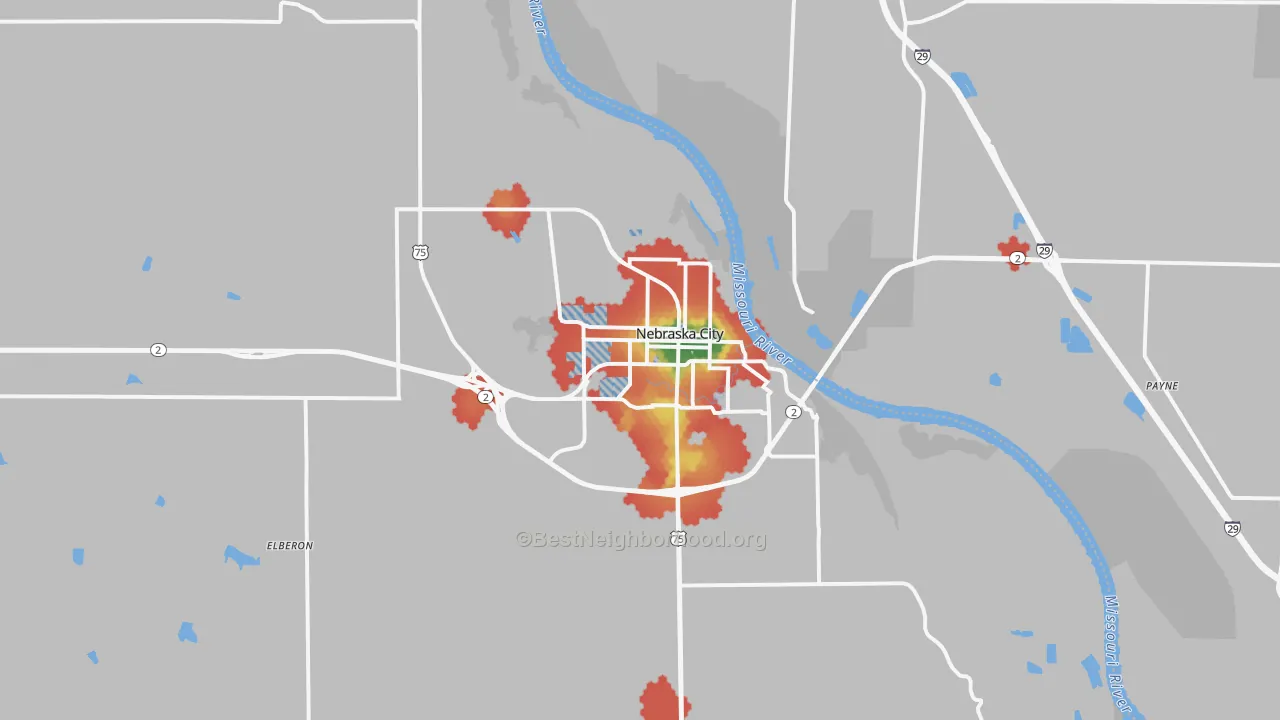 Walk Grade map of 68410, NE, walkable areas in green and car-dependent areas in red