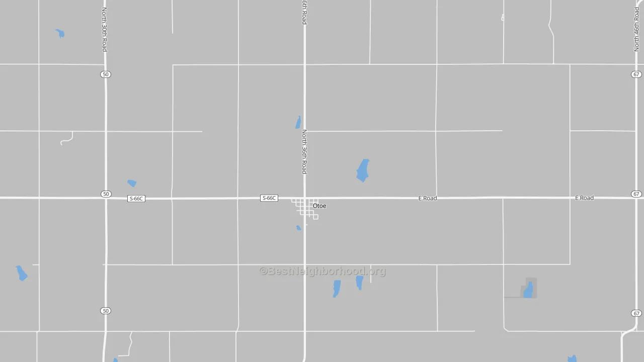 Walk Grade map of 68417, NE, walkable areas in green and car-dependent areas in red