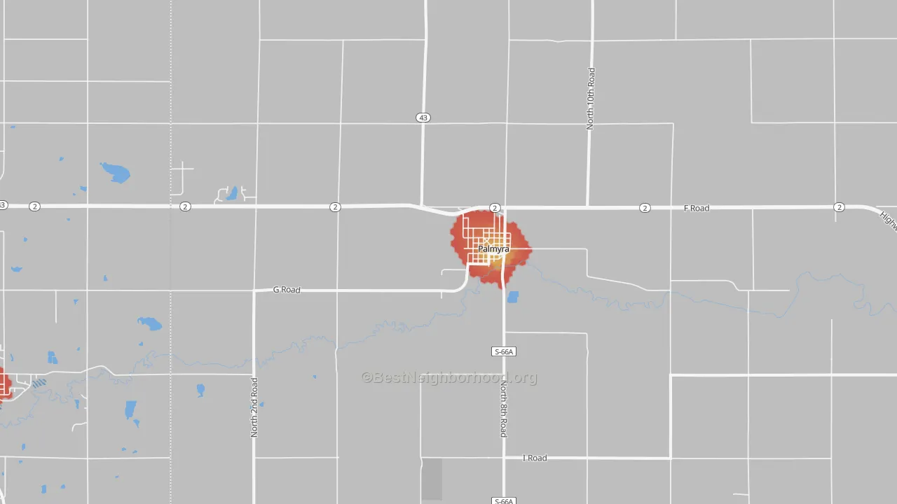 Walk Grade map of 68418, NE, walkable areas in green and car-dependent areas in red