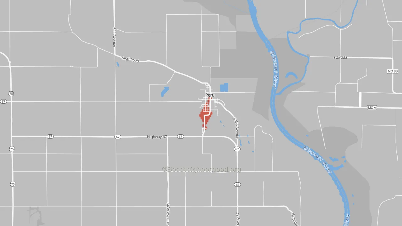 Walk Grade map of 68421, NE, walkable areas in green and car-dependent areas in red