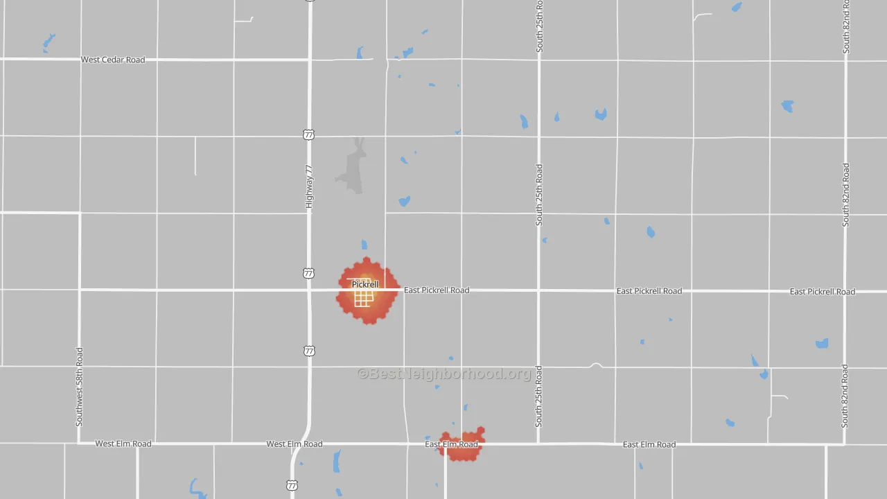 Walk Grade map of 68422, NE, walkable areas in green and car-dependent areas in red