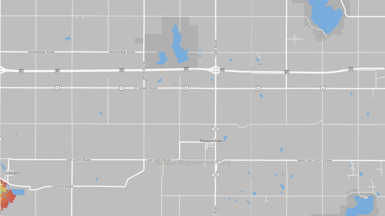 Walk Grade map of 68423, NE, walkable areas in green and car-dependent areas in red