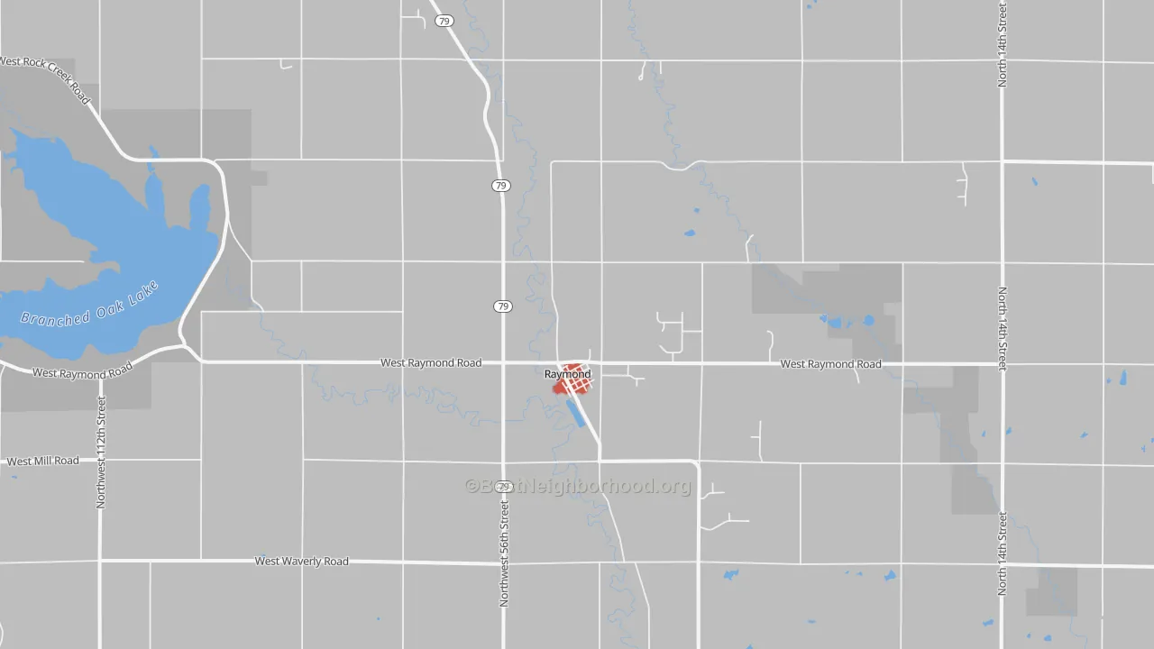 Walk Grade map of 68428, NE, walkable areas in green and car-dependent areas in red