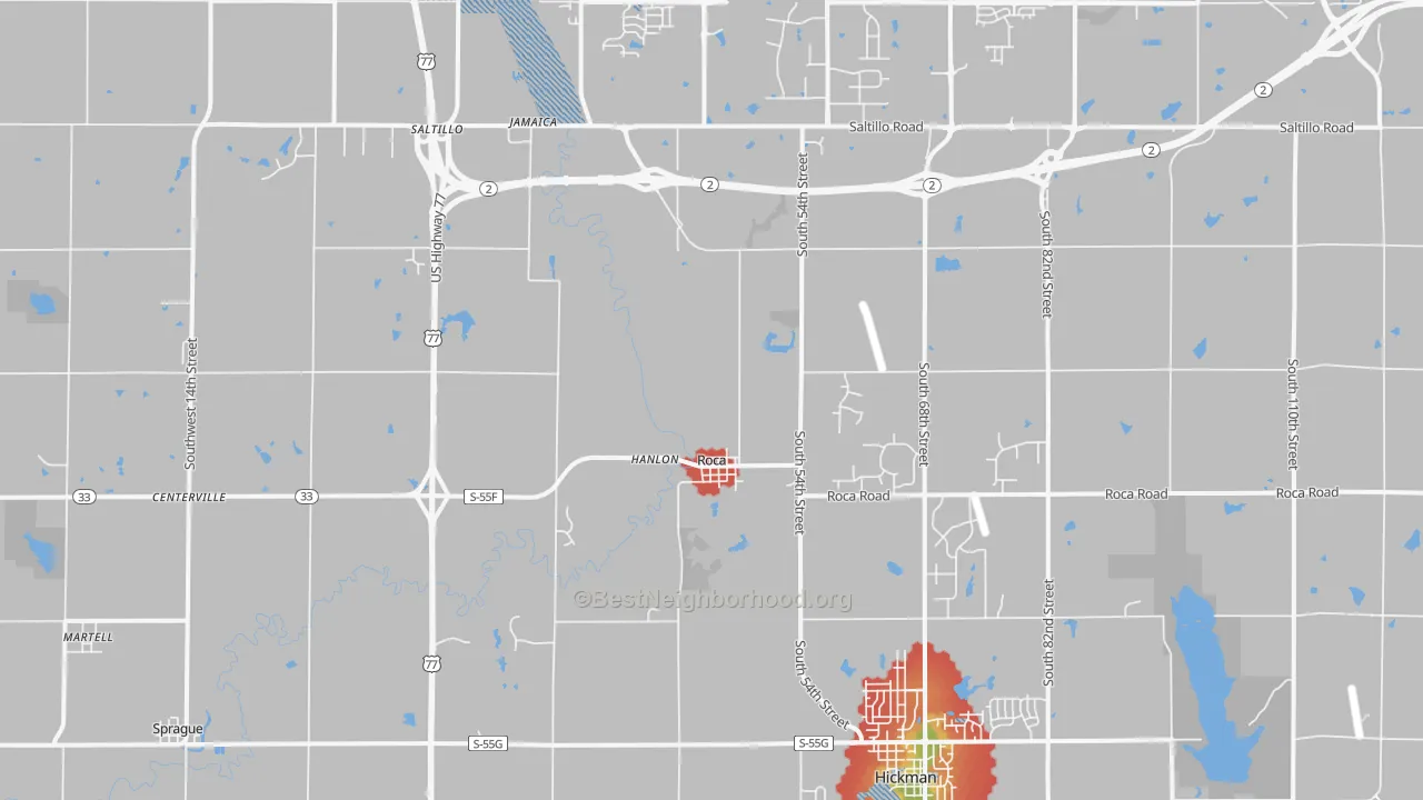 Walk Grade map of 68430, NE, walkable areas in green and car-dependent areas in red