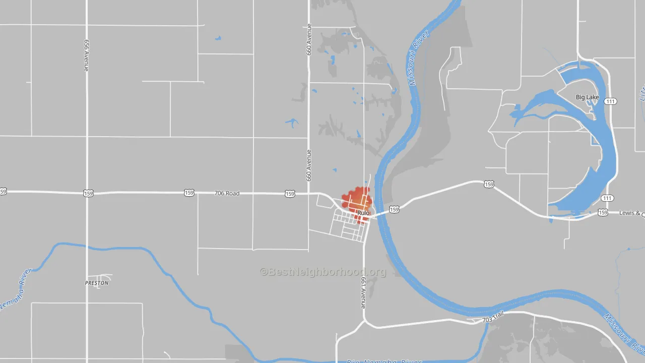 Walk Grade map of 68431, NE, walkable areas in green and car-dependent areas in red