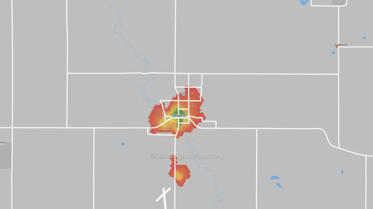 Walk Grade map of 68434, NE, walkable areas in green and car-dependent areas in red